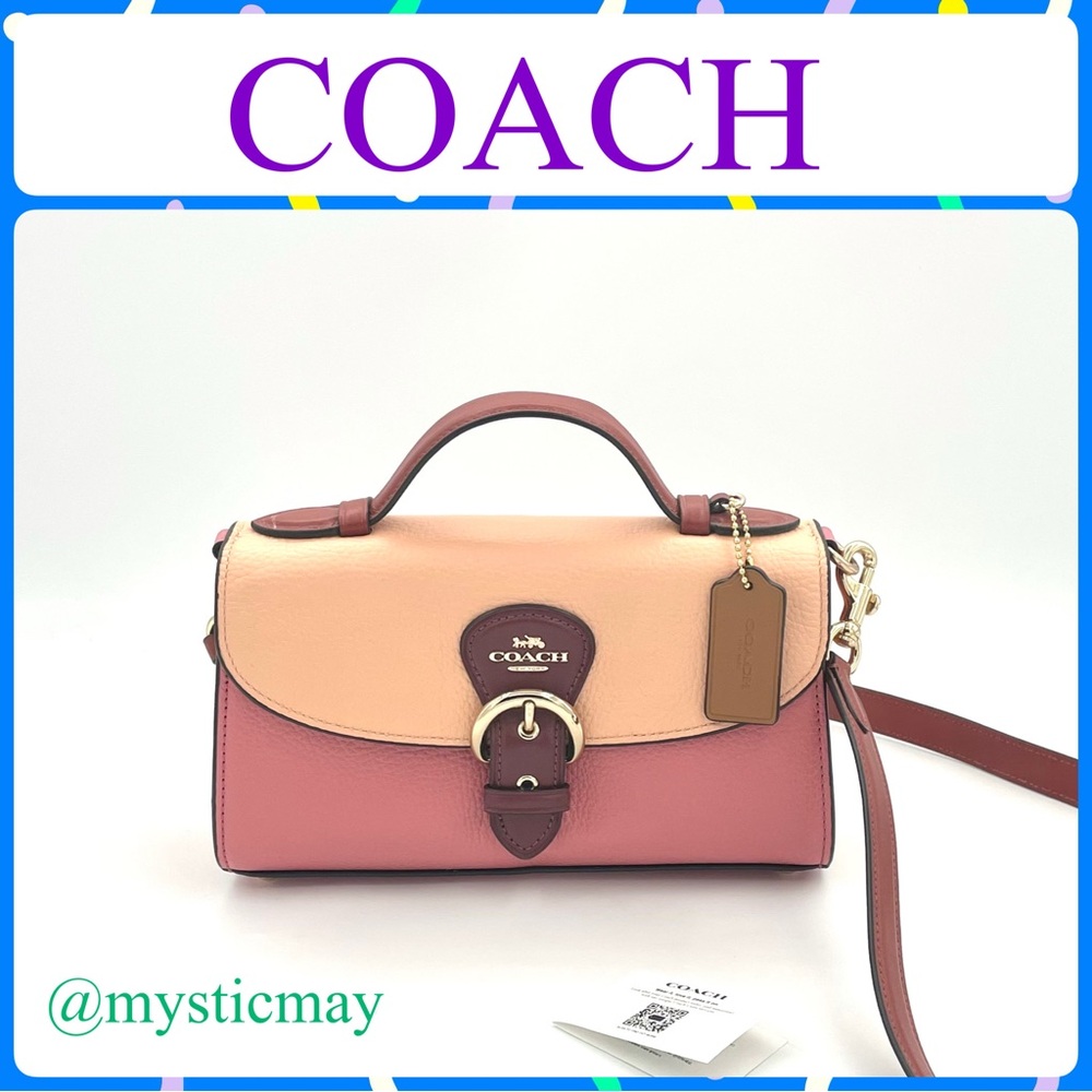 New COACH Kleo Top Handle Pebbled Leather Crossbody Bag Gold / Blush Pink C8161